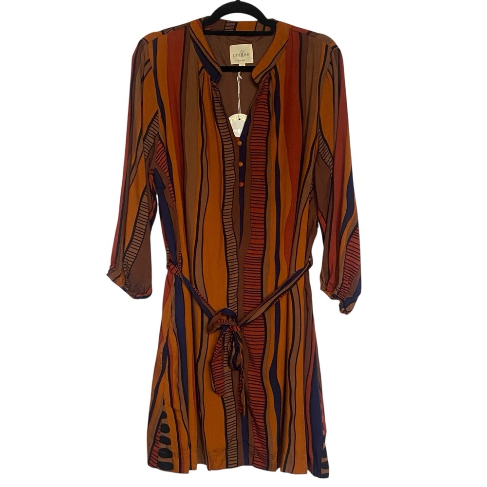 Umgee Plus Brown Multicolor Abstract Stripe Dress Womens Size 1XL Boho NWT